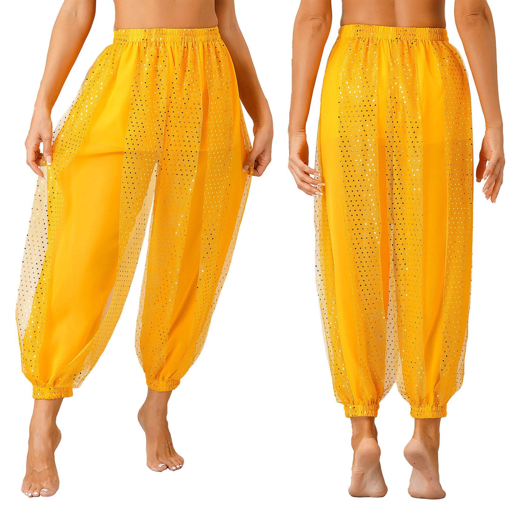 Damen Bauchtanz-Kostüm, Münzen, Laternenhose, seitlich geteilte Pailletten, glänzende Haremshose, arabische Halloween-Hose One Size gelb von Joom DACH