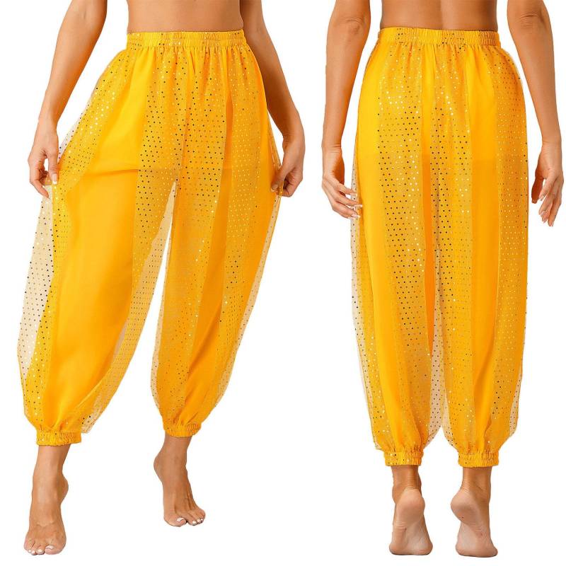 Damen Bauchtanz-Kostüm, Münzen, Laternenhose, seitlich geteilte Pailletten, glänzende Haremshose, arabische Halloween-Hose One Size gelb von Joom DACH