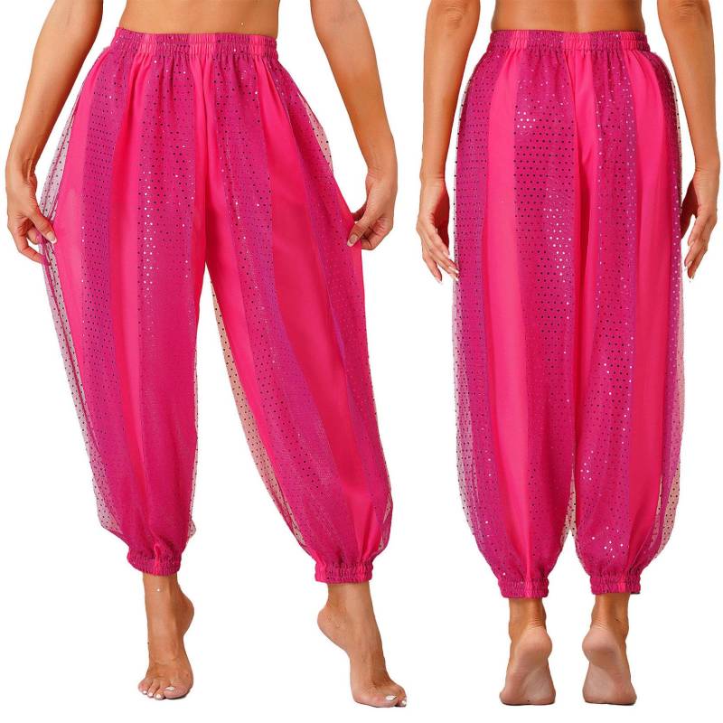 Damen Bauchtanz-Kostüm, Münzen, Laternenhose, seitlich geteilte Pailletten, glänzende Haremshose, arabische Halloween-Hose heißes rosa von Joom DACH