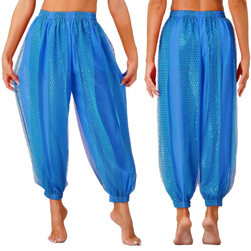 Damen Bauchtanz-Kostüm, Münzen, Laternenhose, seitlich geteilte Pailletten, glänzende Haremshose, arabische Halloween-Hose One Size himmelblaue von Joom DACH