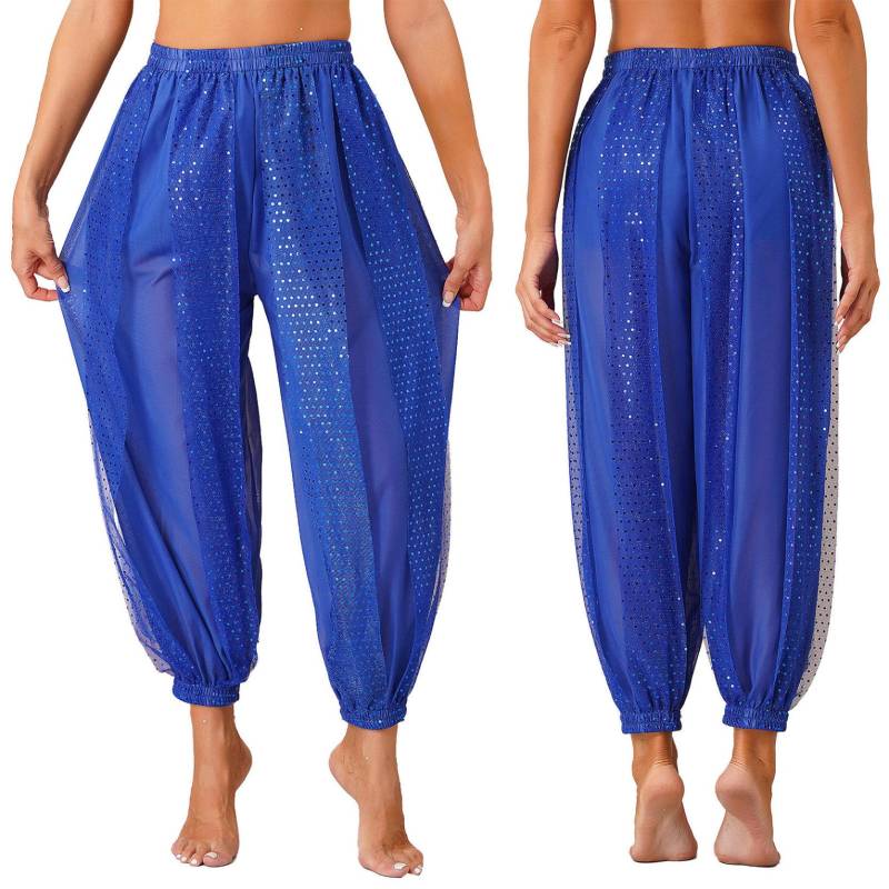 Damen Bauchtanz-Kostüm, Münzen, Laternenhose, seitlich geteilte Pailletten, glänzende Haremshose, arabische Halloween-Hose One Size königsblau von Joom DACH