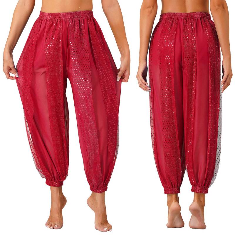 Damen Bauchtanz-Kostüm, Münzen, Laternenhose, seitlich geteilte Pailletten, glänzende Haremshose, arabische Halloween-Hose One Size rot von Joom DACH