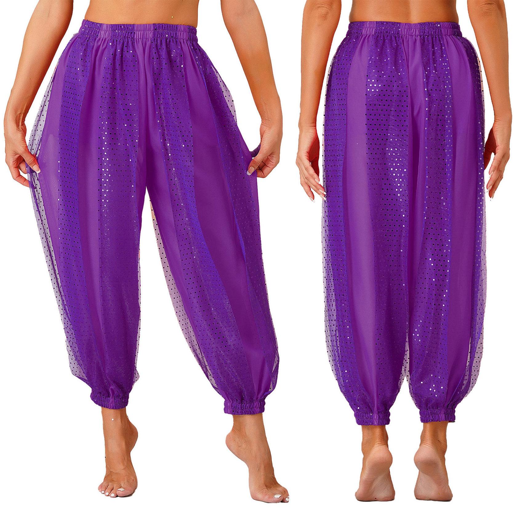 Damen Bauchtanz-Kostüm, Münzen, Laternenhose, seitlich geteilte Pailletten, glänzende Haremshose, arabische Halloween-Hose One Size violett von Joom DACH