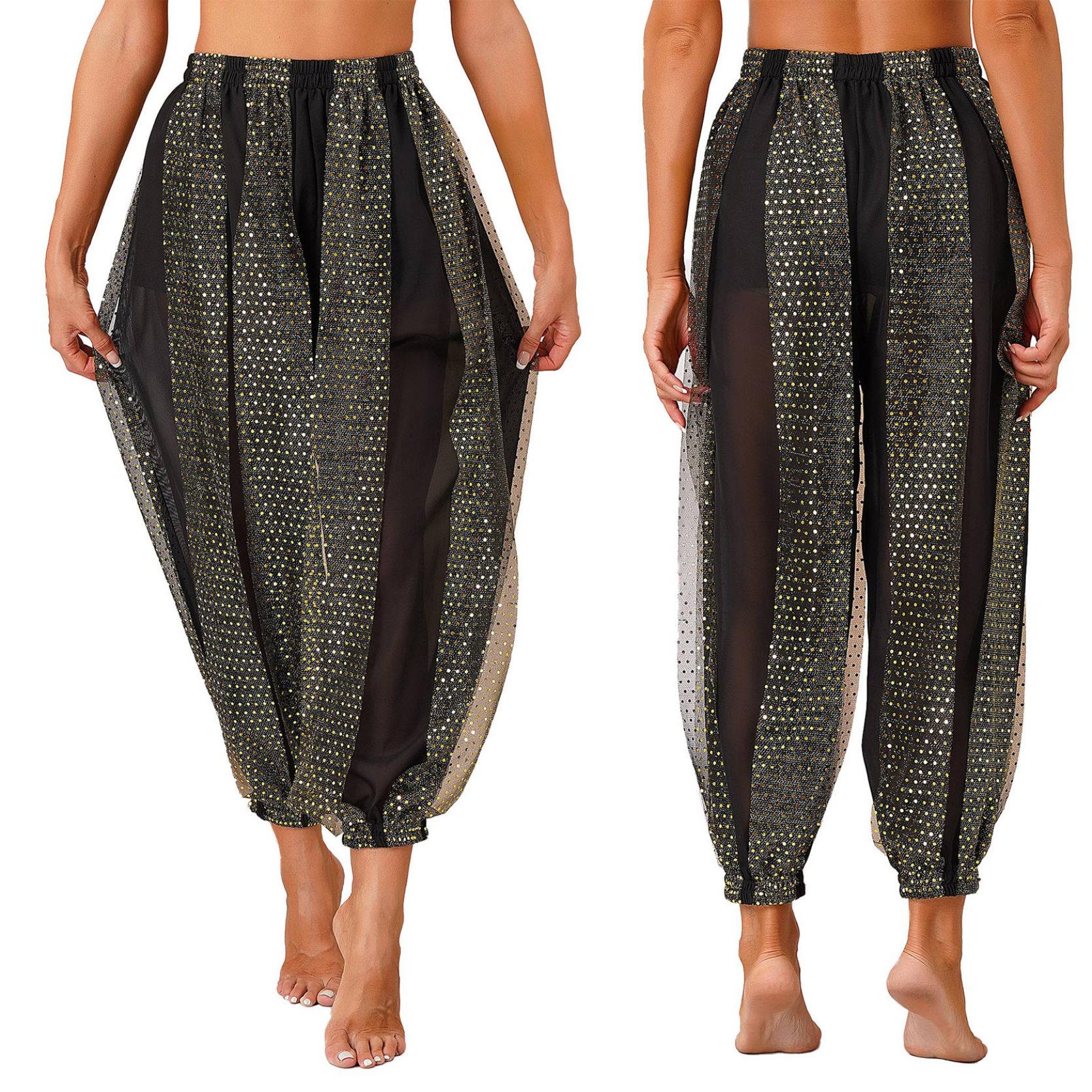 Damen Bauchtanz-Kostüm, Münzen, Laternenhose, seitlich geteilte Pailletten, glänzende Haremshose, arabische Halloween-Hose One Size schwarz von Joom DACH