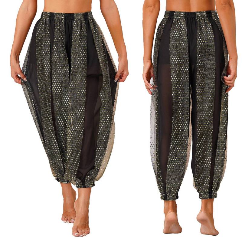 Damen Bauchtanz-Kostüm, Münzen, Laternenhose, seitlich geteilte Pailletten, glänzende Haremshose, arabische Halloween-Hose One Size schwarz von Joom DACH