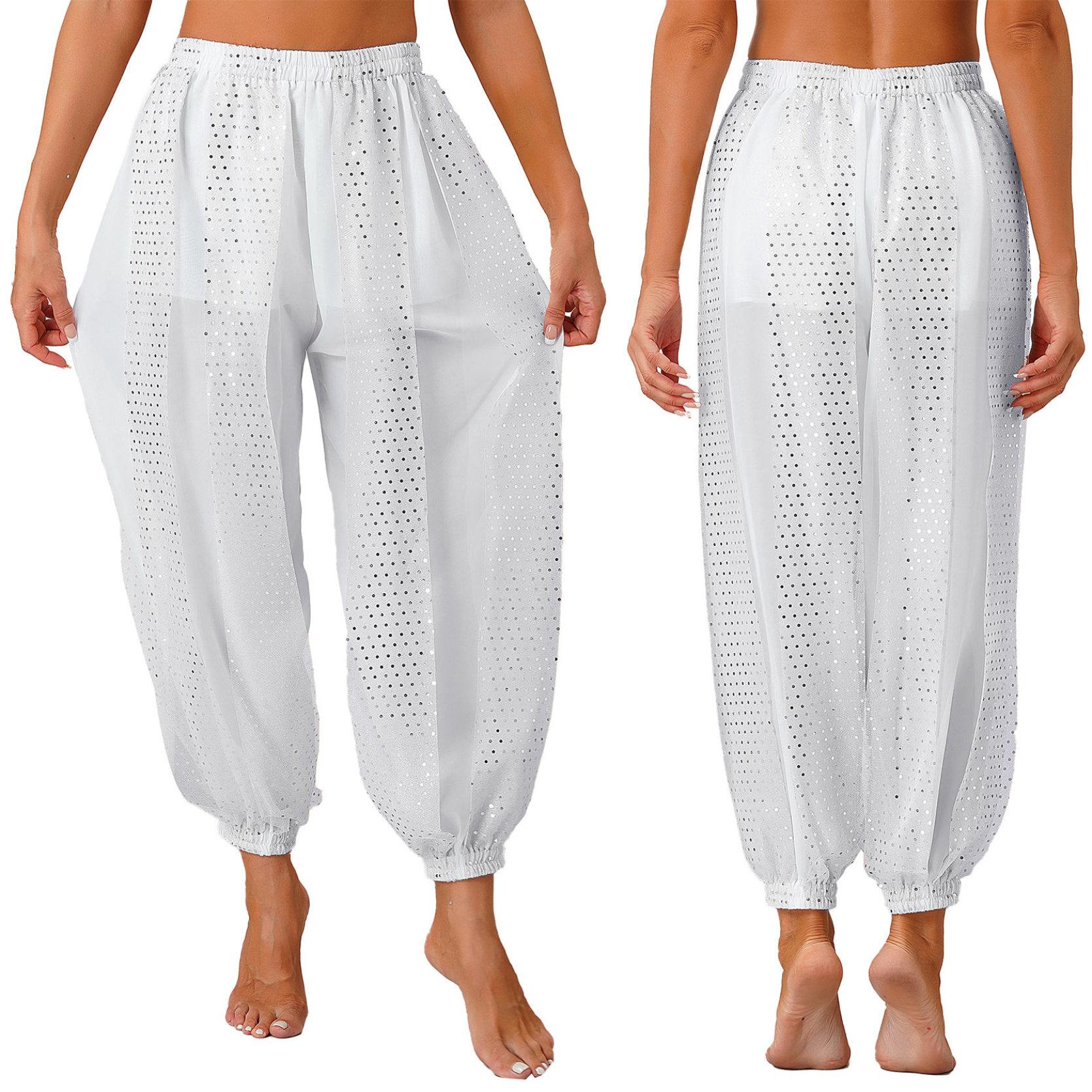 Damen Bauchtanz-Kostüm, Münzen, Laternenhose, seitlich geteilte Pailletten, glänzende Haremshose, arabische Halloween-Hose One Size weiß von Joom DACH