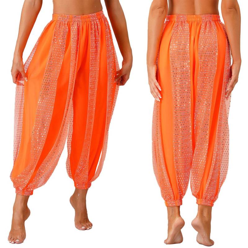 Damen Bauchtanz-Kostüm, Münzen, Laternenhose, seitlich geteilte Pailletten, glänzende Haremshose, arabische Halloween-Hose One Size orange von Joom DACH