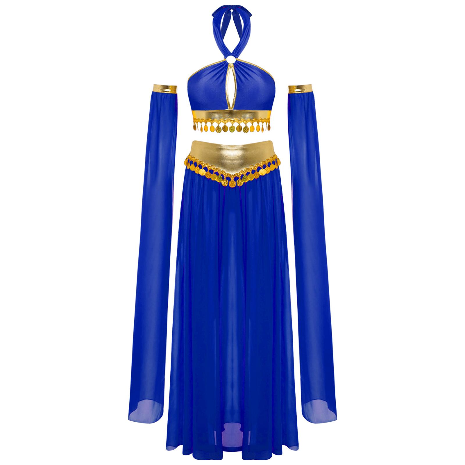 Damen Bauchtanzkostüm Neckholder Schlüsselloch Crop Top zum Selbstbinden Pailletten Chiffonrock Abnehmbare Puffärmel M blau von Joom DACH