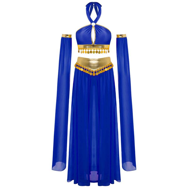 Damen Bauchtanzkostüm Neckholder Schlüsselloch Crop Top zum Selbstbinden Pailletten Chiffonrock Abnehmbare Puffärmel M blau von Joom DACH