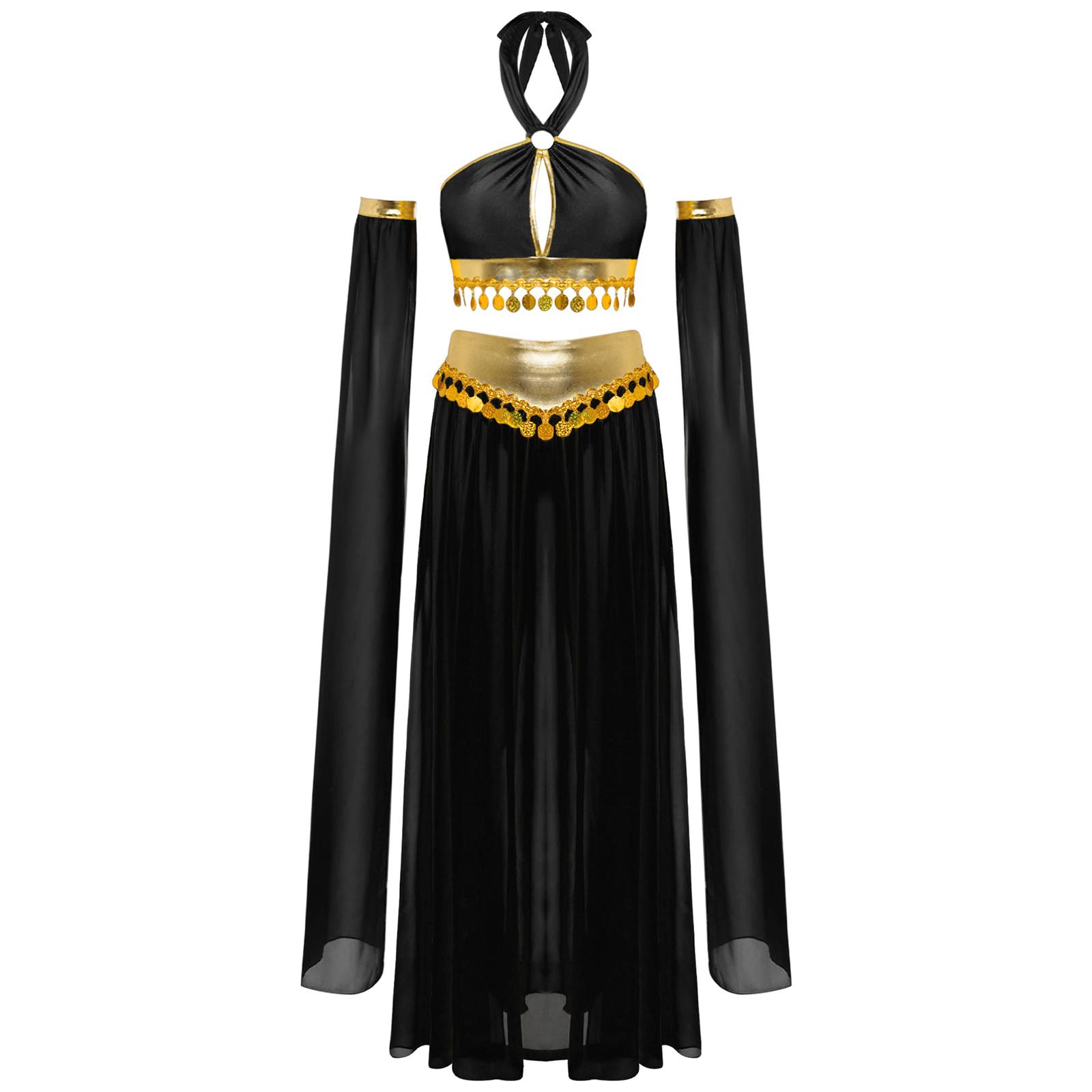 Damen Bauchtanzkostüm Neckholder Schlüsselloch Crop Top zum Selbstbinden Pailletten Chiffonrock Abnehmbare Puffärmel M schwarz von Joom DACH