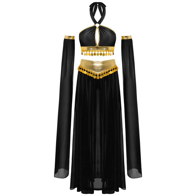 Damen Bauchtanzkostüm Neckholder Schlüsselloch Crop Top zum Selbstbinden Pailletten Chiffonrock Abnehmbare Puffärmel M schwarz von Joom DACH