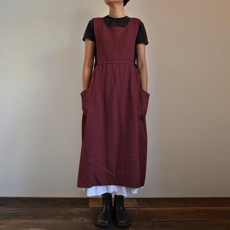 Damen-Baumwoll-Hanf-Schürze, hohe Taille, langer Umfang, Heimkleid, lockeres langes Kleid XXL bordeaux von Joom DACH
