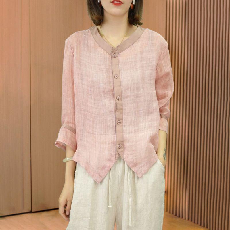 Damen Baumwoll-Leinen-Hemden Sommer Retro-Hemd Lose Schlankheitsoberteil Leinen Kleine Hemden Große Größe Dünne Bluse 3XL von Joom DACH