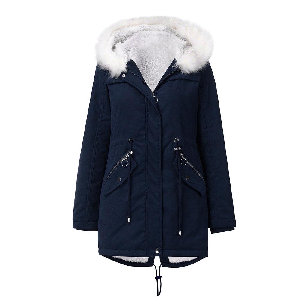 Damen Baumwollgepolsterter Mantel Weißer Pelzkragen Parka Mittellang Kapuze Winter Warm Samtmantel Damen Baumwollgepolsterter Mantel S blau von Joom DACH