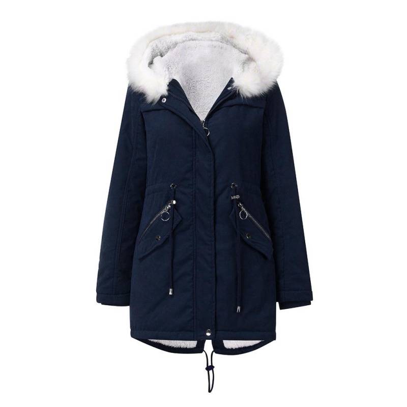Damen Baumwollgepolsterter Mantel Weißer Pelzkragen Parka Mittellang Kapuze Winter Warm Samtmantel Damen Baumwollgepolsterter Mantel S blau von Joom DACH