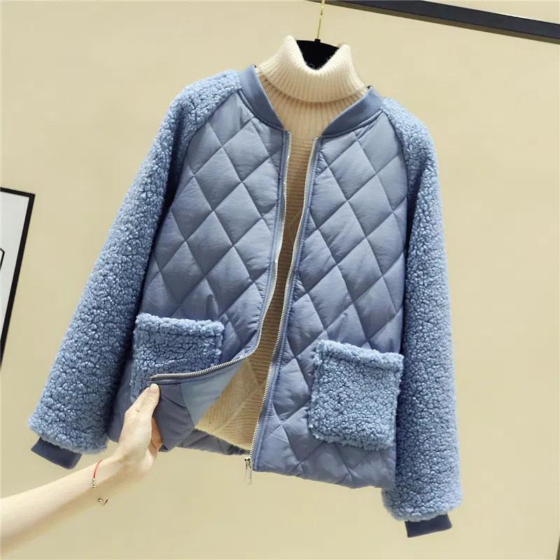 Damen Baumwolljacke Kurz Locker Lammwolle Nähte Baumwolle gefütterte Jacke Mantel Herbst Winter XXL blau von Joom DACH