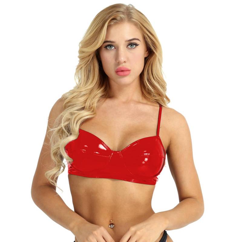 Damen Bikini-BH aus PVC-Leder im Wetlook, Triangel-Bralette, bügellos, ungefüttert, Clubwear S rot von Joom DACH