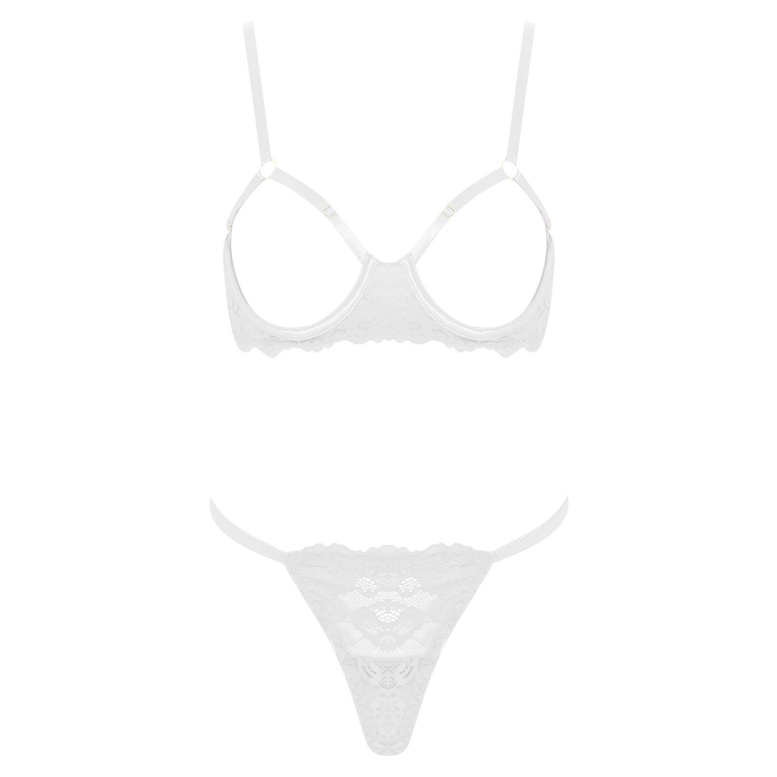 Damen Blumen-Spitzen-BH-Set Öffnende Cups Bügel Push-Up Oberteil T-Rücken String-Höschen Flitterwochen-Dessous L weiß von Joom DACH