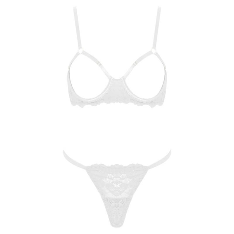 Damen Blumen-Spitzen-BH-Set Öffnende Cups Bügel Push-Up Oberteil T-Rücken String-Höschen Flitterwochen-Dessous L weiß von Joom DACH