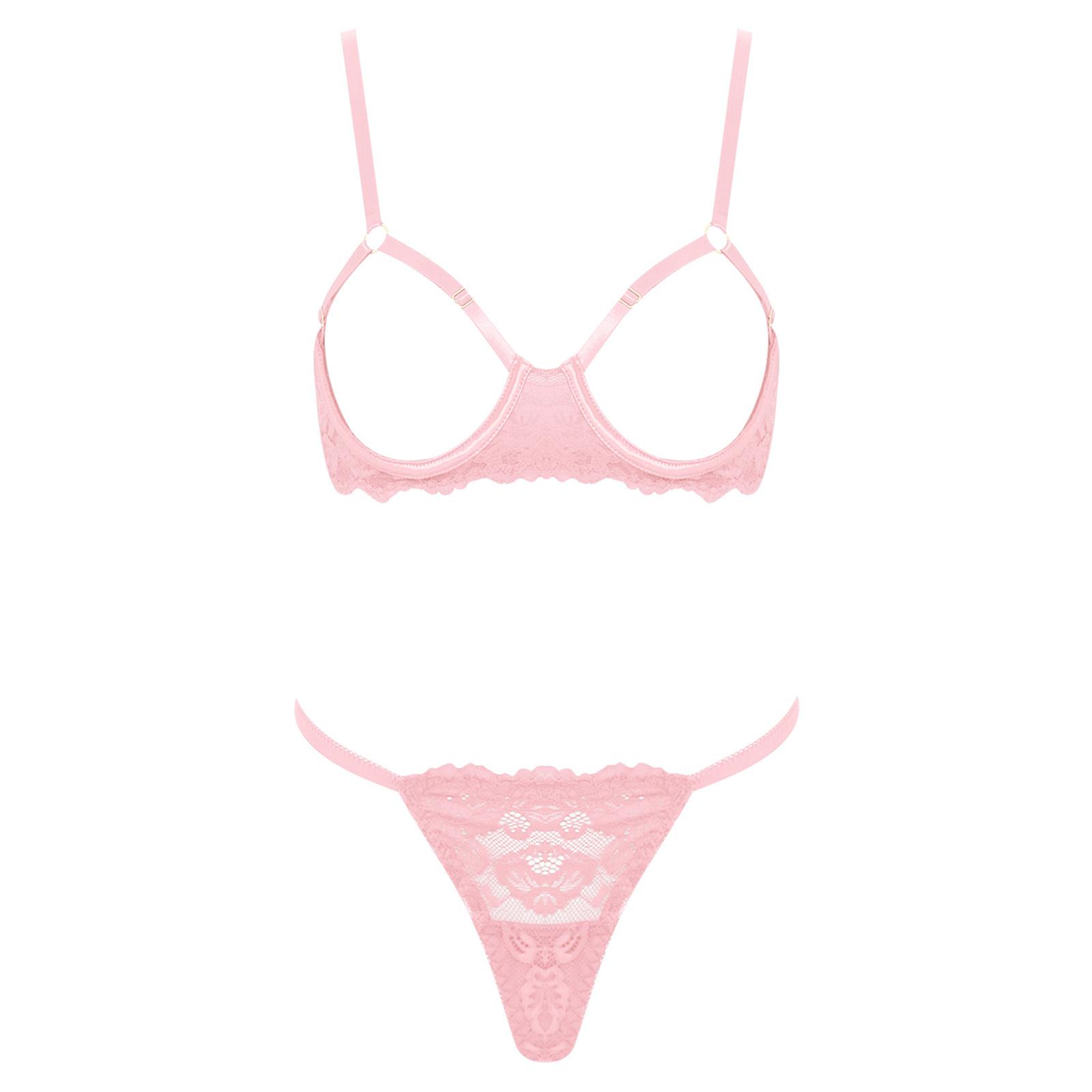 Damen Blumen-Spitzen-BH-Set Öffnende Cups Bügel Push-Up Oberteil T-Rücken String-Höschen Flitterwochen-Dessous M von Joom DACH