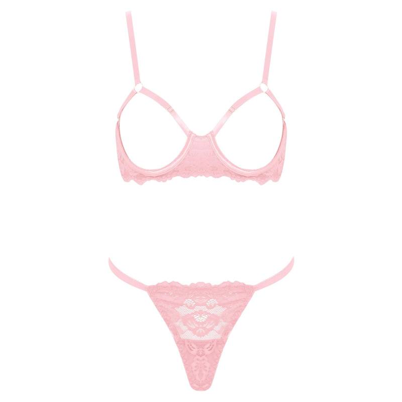 Damen Blumen-Spitzen-BH-Set Öffnende Cups Bügel Push-Up Oberteil T-Rücken String-Höschen Flitterwochen-Dessous M rosa von Joom DACH
