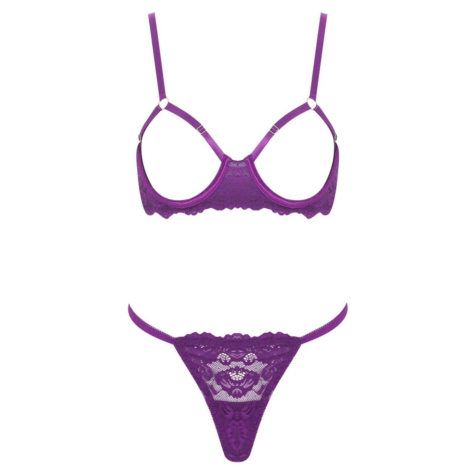 Damen Blumen-Spitzen-BH-Set Öffnende Cups Bügel Push-Up Oberteil T-Rücken String-Höschen Flitterwochen-Dessous S violett von Joom DACH