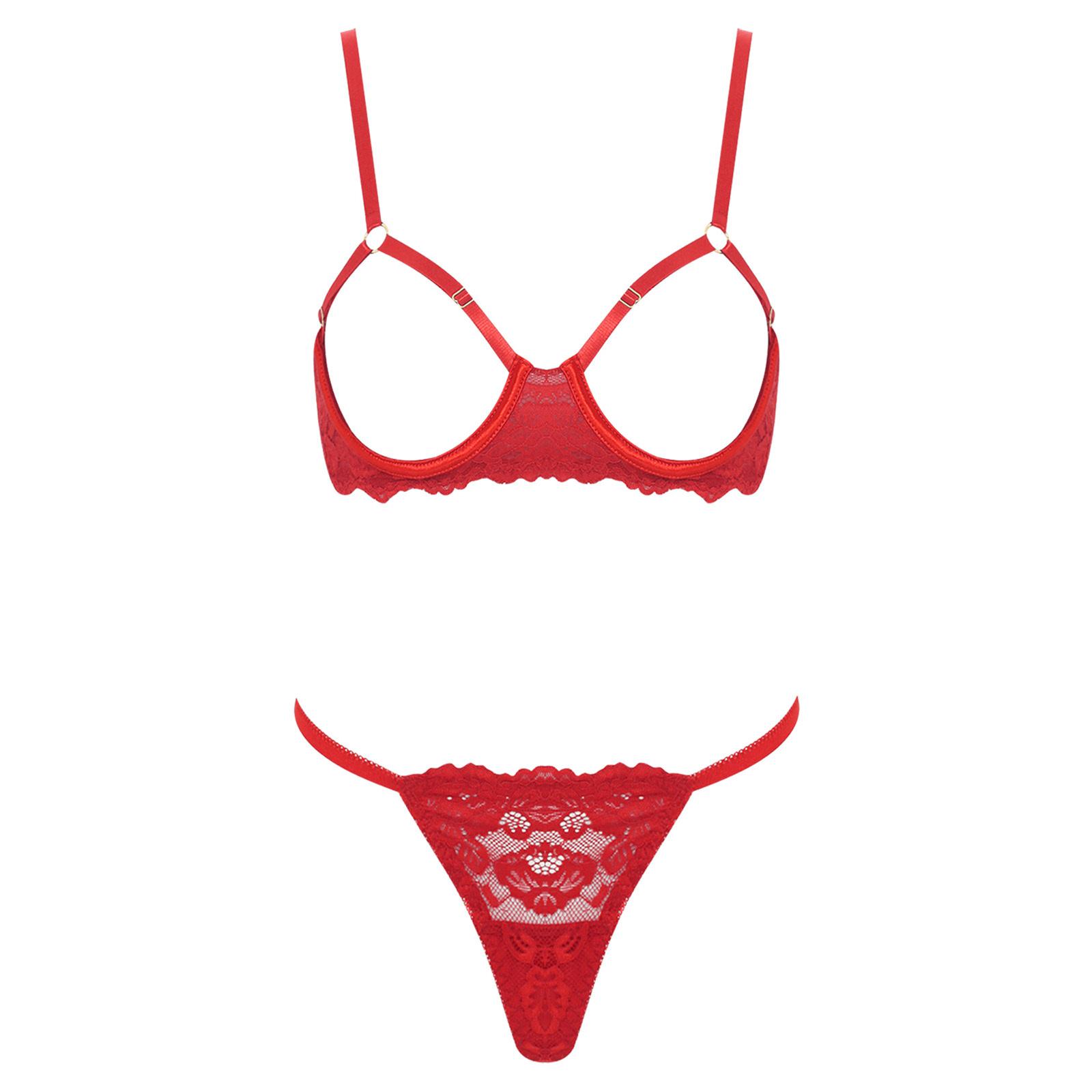 Damen Blumen-Spitzen-BH-Set Öffnende Cups Bügel Push-Up Oberteil T-Rücken String-Höschen Flitterwochen-Dessous XL rot von Joom DACH