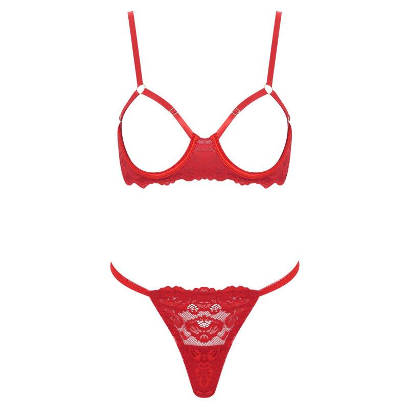 Damen Blumen-Spitzen-BH-Set Öffnende Cups Bügel Push-Up Oberteil T-Rücken String-Höschen Flitterwochen-Dessous XL rot von Joom DACH