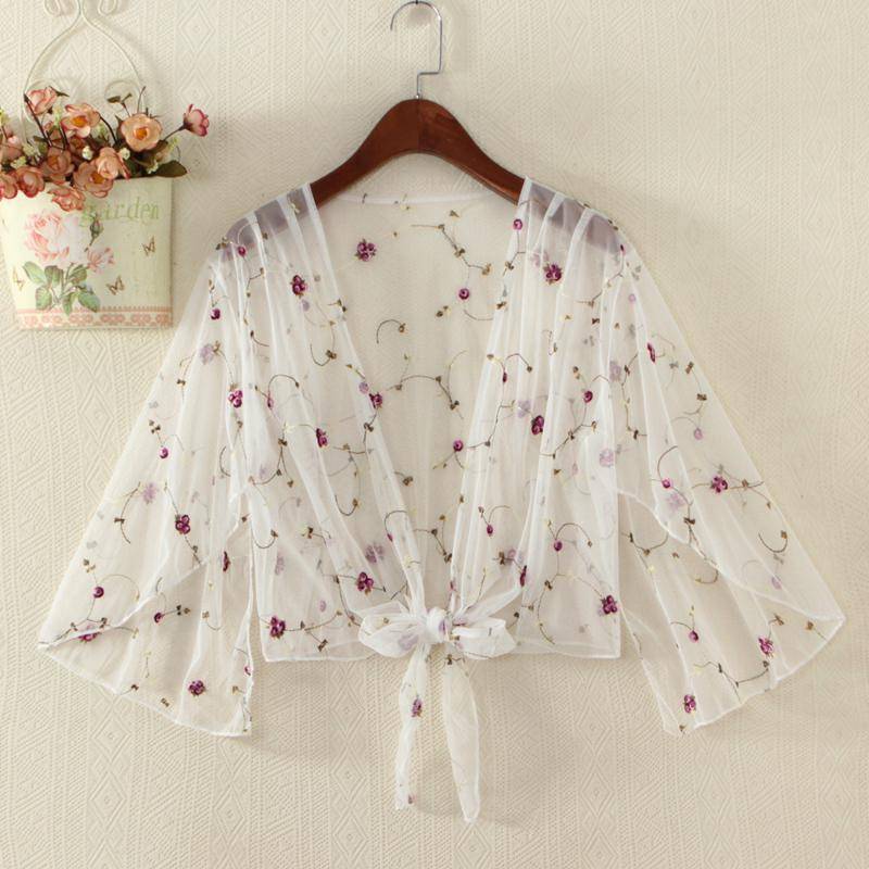 Damen Blumenstickerei Mesh Sheer Cover Up Shirts Langarm Durchsichtige Strickjacke Bluse Strand Boho Schal Badeanzug S weiß von Joom DACH