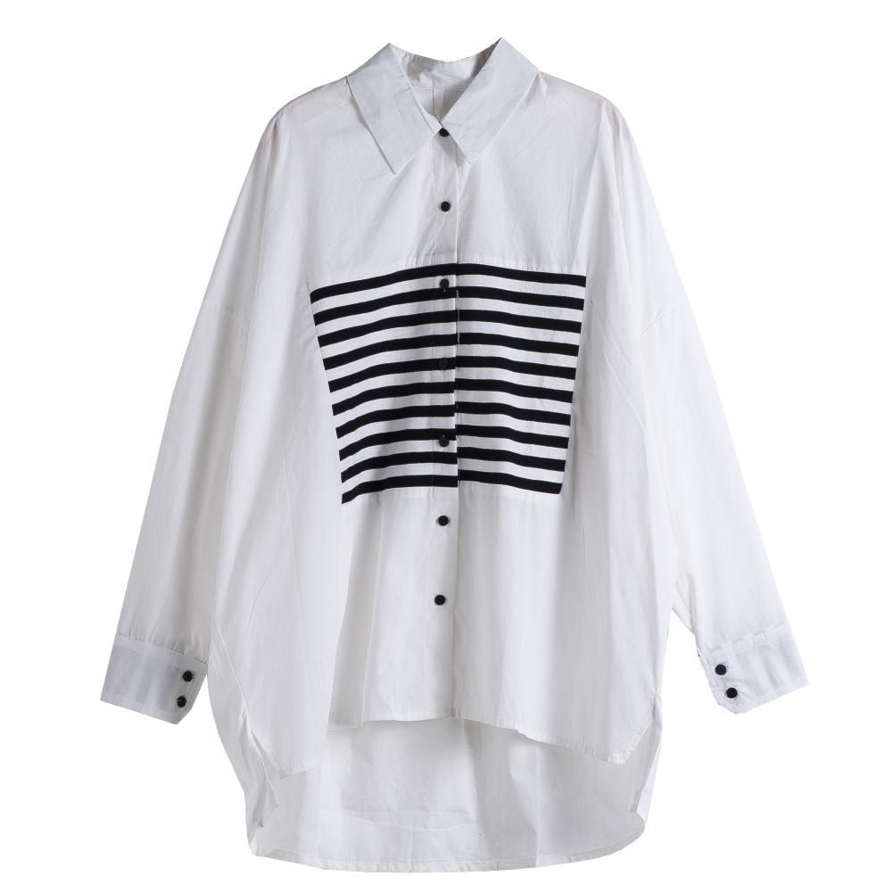 Damen Bluse Shirt Basic Oberteile Kleidung Baumwolle Print Gestreift Patchwork Casual Loose Plus Size Cardigan One Size weiß von Joom DACH