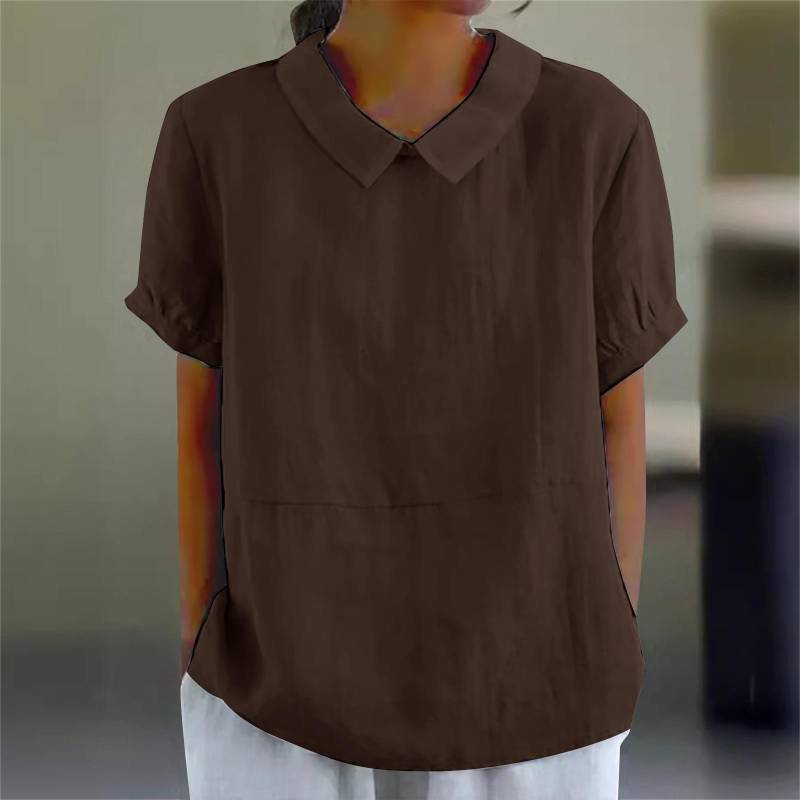 Damen Bluse mit Peter-Pan-Kragen, lockere Sommerbluse aus Baumwolle und Leinen, einfarbig, kurzärmelig, lässig, atmungsaktiv 3XL kaffeebraun von Joom DACH