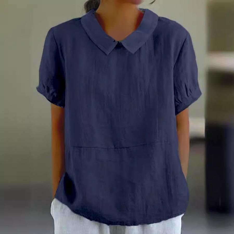 Damen Bluse mit Peter-Pan-Kragen, lockere Sommerbluse aus Baumwolle und Leinen, einfarbig, kurzärmelig, lässig, atmungsaktiv M navy blau von Joom DACH