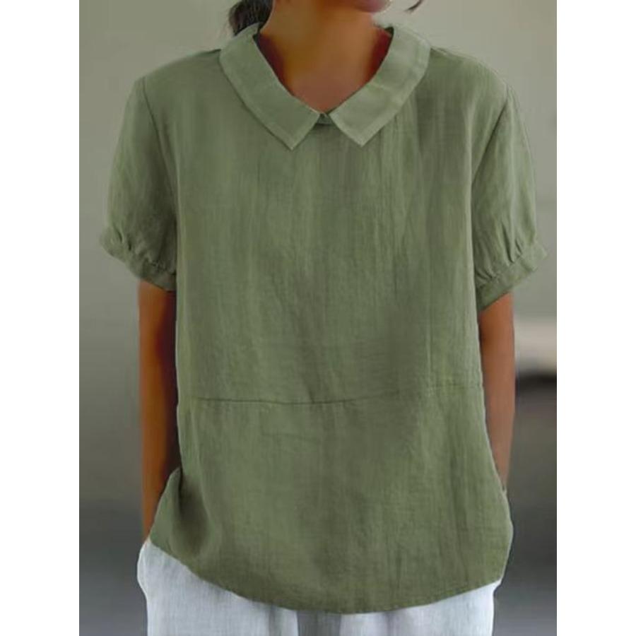 Damen Bluse mit Peter-Pan-Kragen, lockere Sommerbluse aus Baumwolle und Leinen, einfarbig, kurzärmelig, lässig, atmungsaktiv S armee grüne von Joom DACH