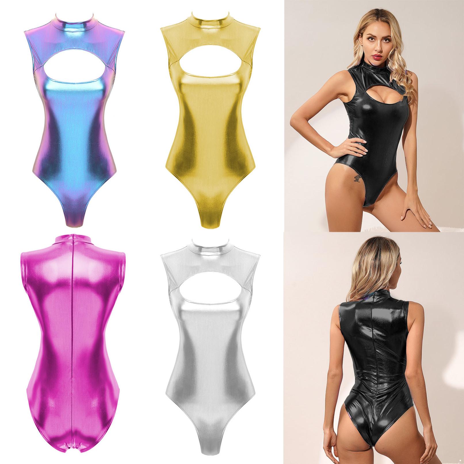 Damen-Bodysuit mit metallischem Ausschnitt vorne und Stehkragen, ärmelloser Catsuit-Trikot, Pool-Party-Badebekleidung S blau Damen-Bodysuit mit metallischem Ausschnitt vorne und Stehkragen, ärmelloser Catsuit-Trikot, Pool-Party-Badebekleidung S blau von Joom DACH