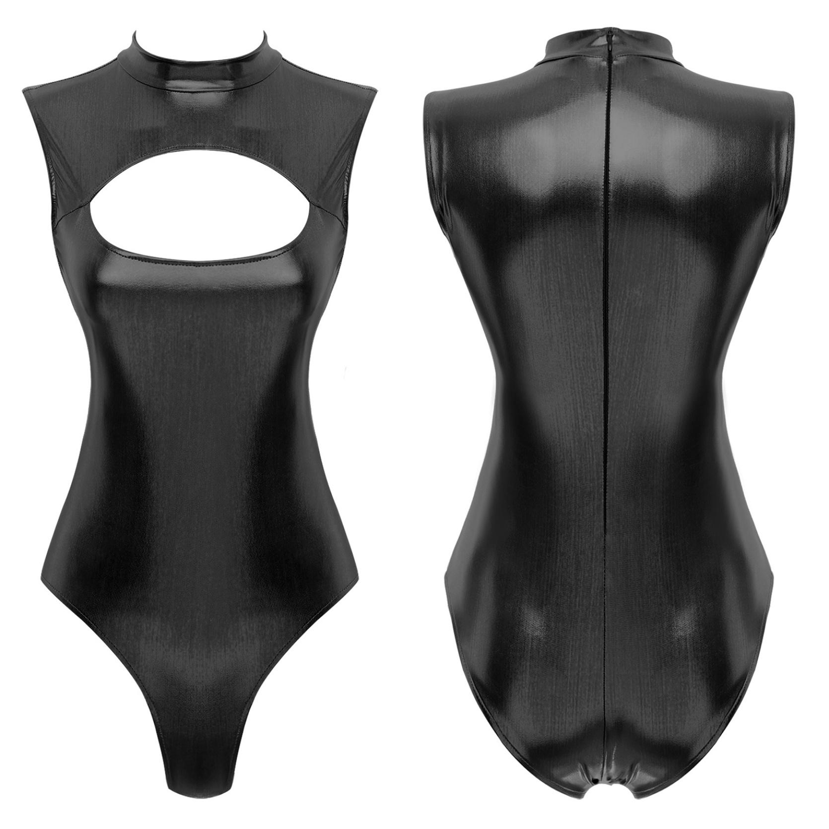 Damen-Bodysuit mit metallischem Ausschnitt vorne und Stehkragen, ärmelloser Catsuit-Trikot, Pool-Party-Badebekleidung XXL schwarz von Joom DACH