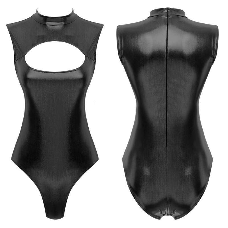 Damen-Bodysuit mit metallischem Ausschnitt vorne und Stehkragen, ärmelloser Catsuit-Trikot, Pool-Party-Badebekleidung XXL schwarz von Joom DACH