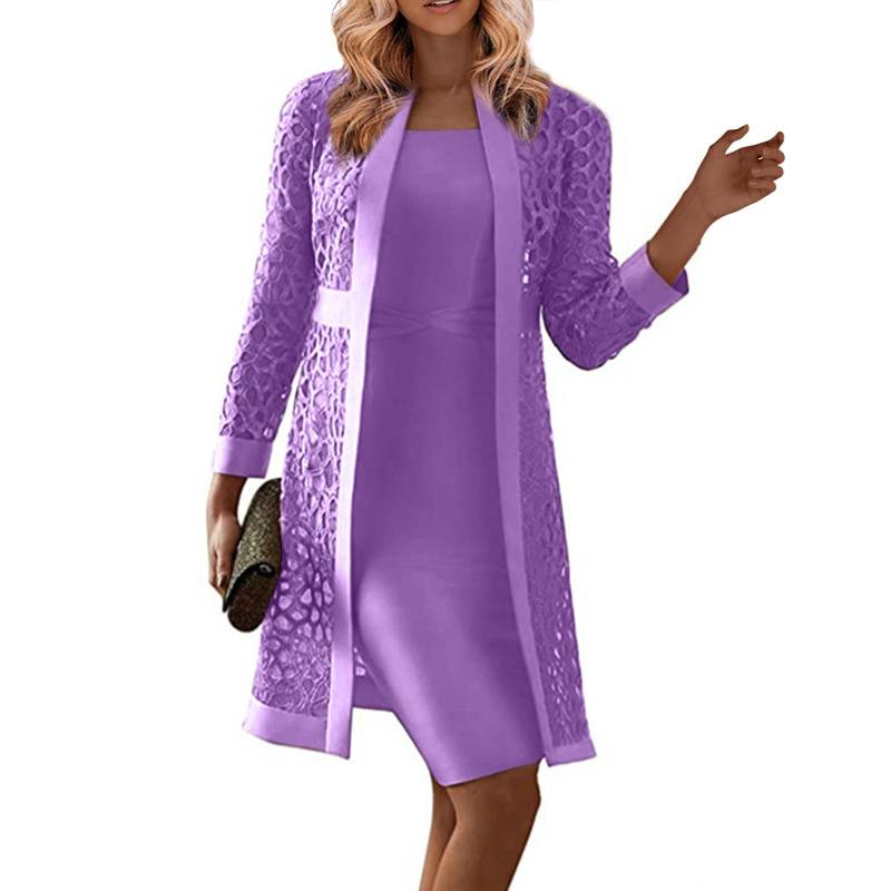 Damen-Brautkleid, Mutter-Outfit, langärmeliges, knielanges Kleid mit Jacke XXL violett von Joom DACH