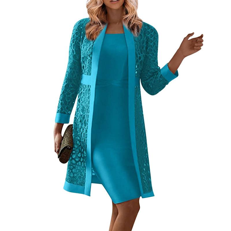 Damen-Brautkleid, Mutter-Outfit, langärmeliges, knielanges Kleid mit Jacke XXXL blau von Joom DACH