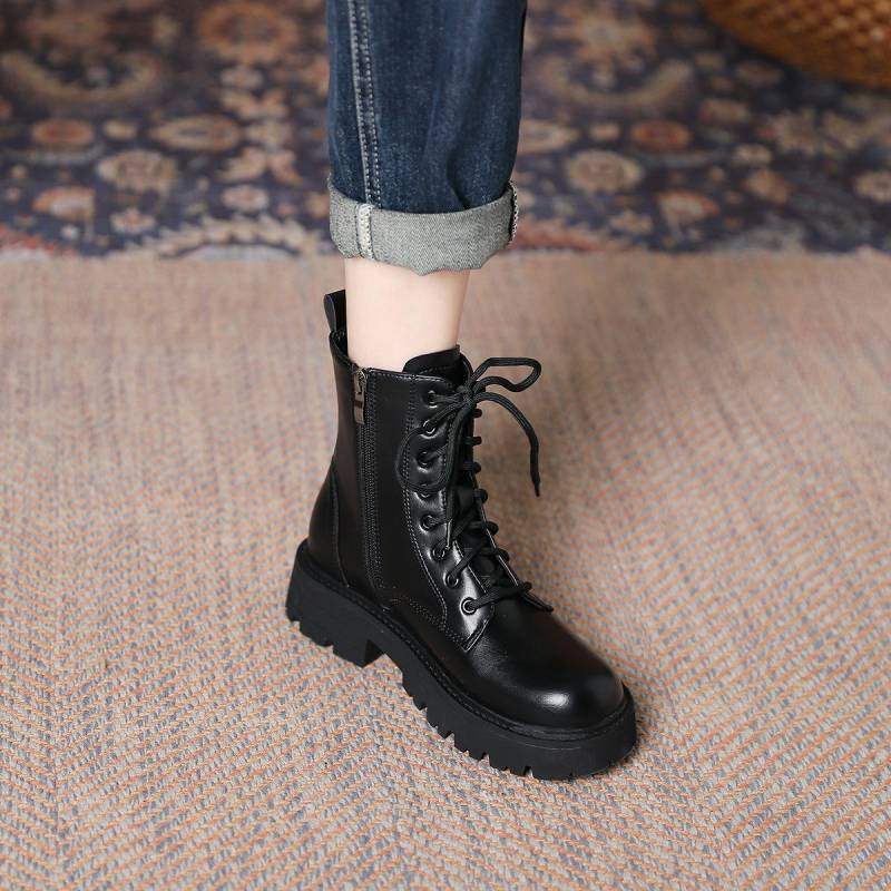Damen Britischer Stil Herbst und Winter Neue Motorradstiefel Damen Seitlicher Reißverschluss Plateau Kurze Stiefel für Damen 40 schwarz von Joom DACH