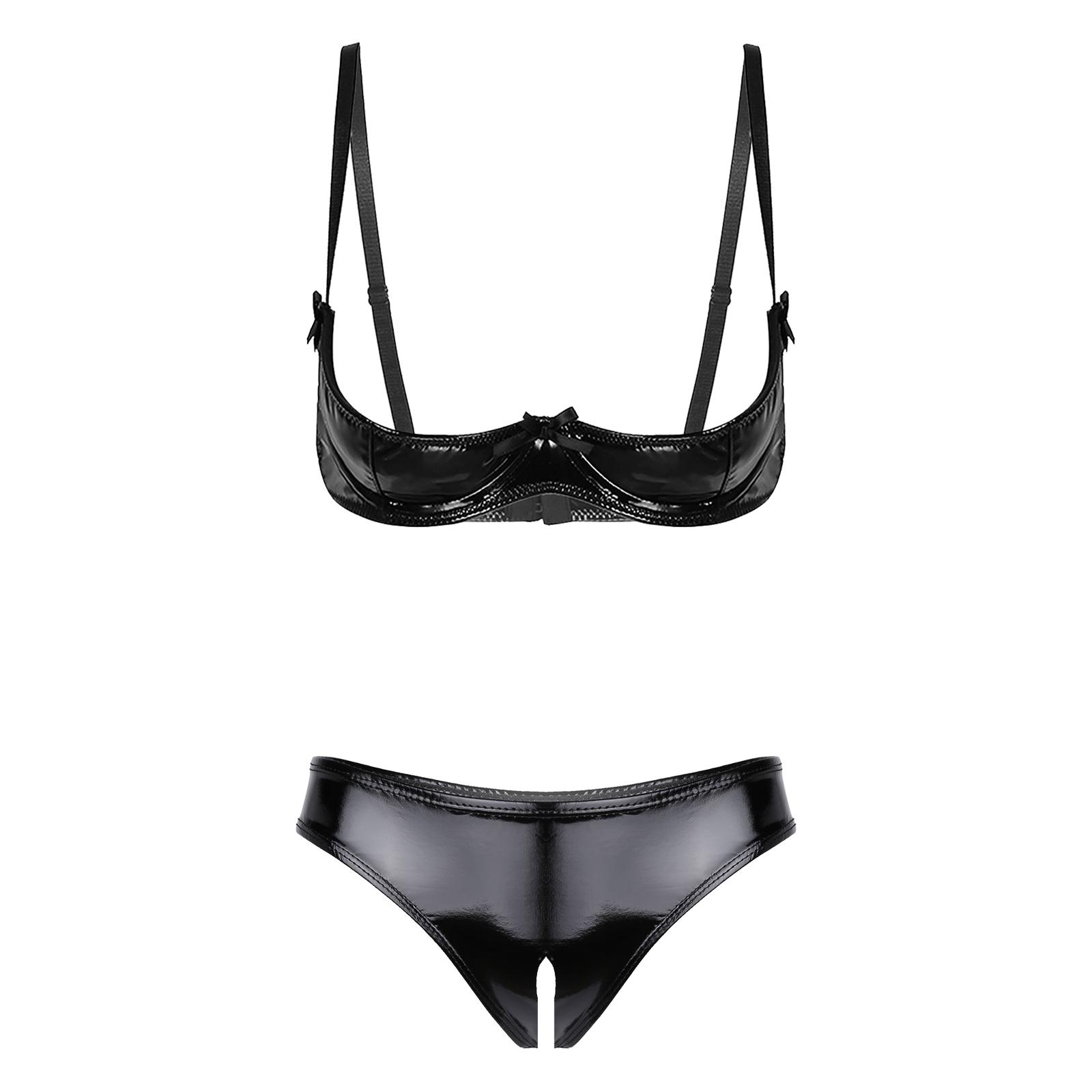 Damen-Bügel-BH-Set aus glänzendem Lackleder mit verstellbaren Trägern und Slip im offenen Schritt L schwarz von Joom DACH