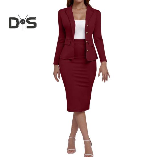 Damen Business-Rockanzug-Set Langarm-Blazerjacke und Bleistiftrock-Set Lässiges Büroarbeits-2-teiliges Outfit M dunkelrote von Joom DACH