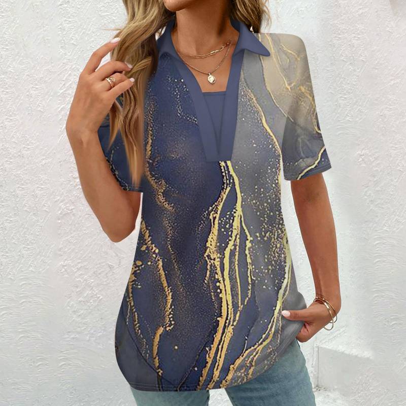 Damen Button-Down-Bluse, modisch, lässig, Vintage-Druck, kurzärmelig XXL dunkelblau von Joom DACH