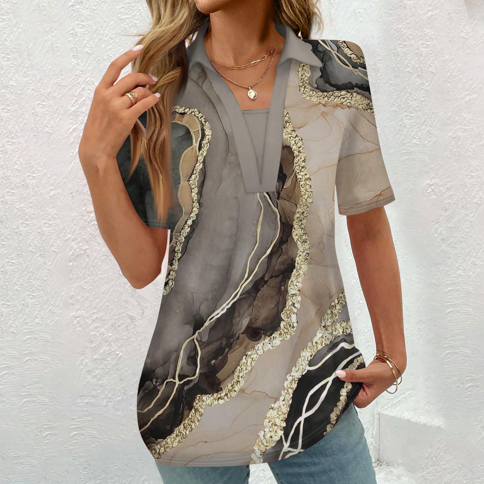 Damen Button-Down-Bluse, modisch, lässig, Vintage-Druck, kurzärmelig XXL von Joom DACH