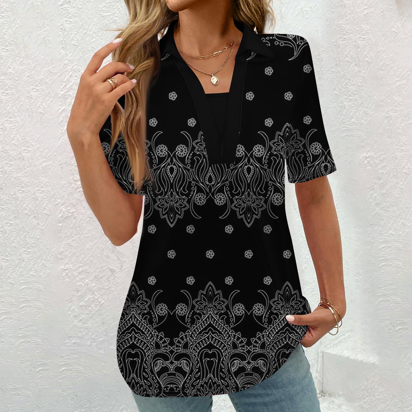 Damen Button-Down-Bluse, modisch, lässig, Vintage-Druck, kurzärmelig XXXL von Joom DACH