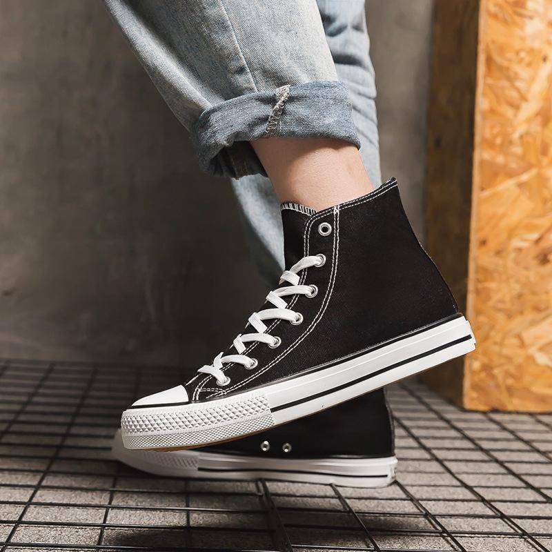Damen Canvas Schuhe Herrenschuhe Student High-Top Fashion Paar Sneakers Schnürschuhe Damen Freizeitschuhe 44 schwarz von Joom DACH