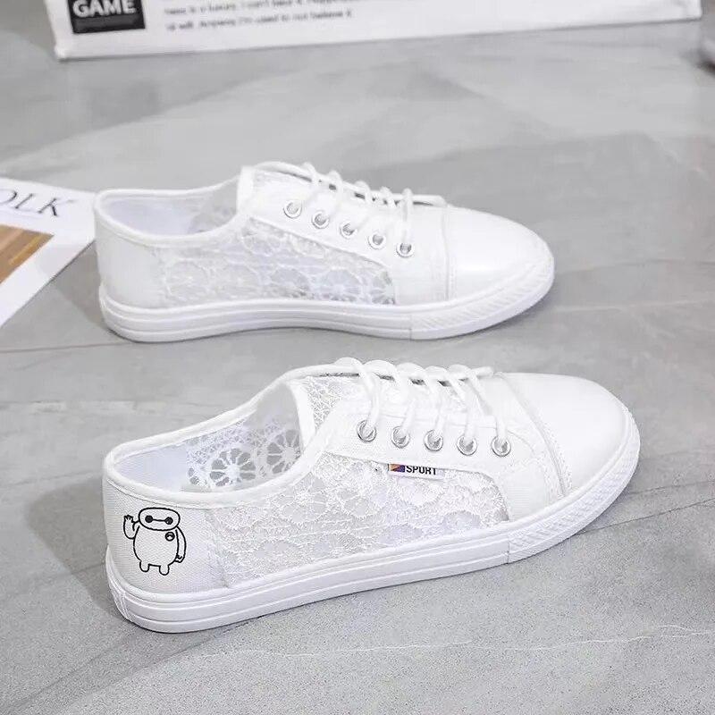 Damen Canvas Schuhe Kleine Weiße Schuhe Spitze Atmungsaktiv Neue Sommer Student Mesh Casual Schnürschuhe Schwarze Flache Schuhe Sportschuhe 36 von Joom DACH