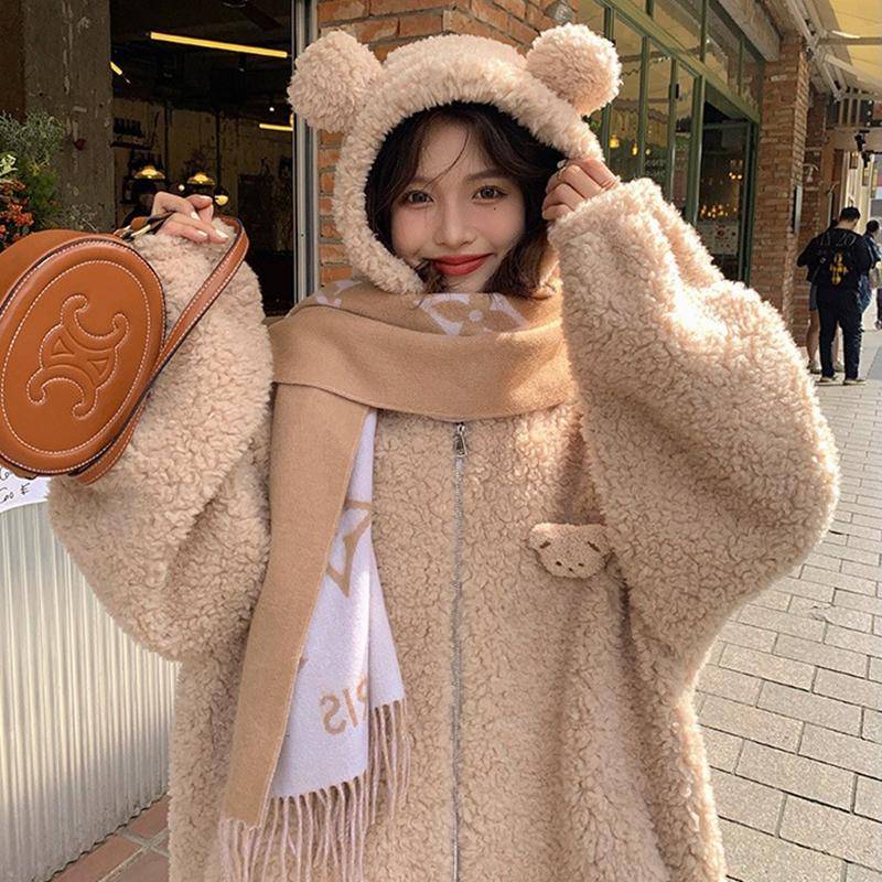 Damen Cardigan Hoodies Mädchen Winter Locker Flauschig Bärenohren Hoodie Jacke Inklusive Brosche L apricot von Joom DACH