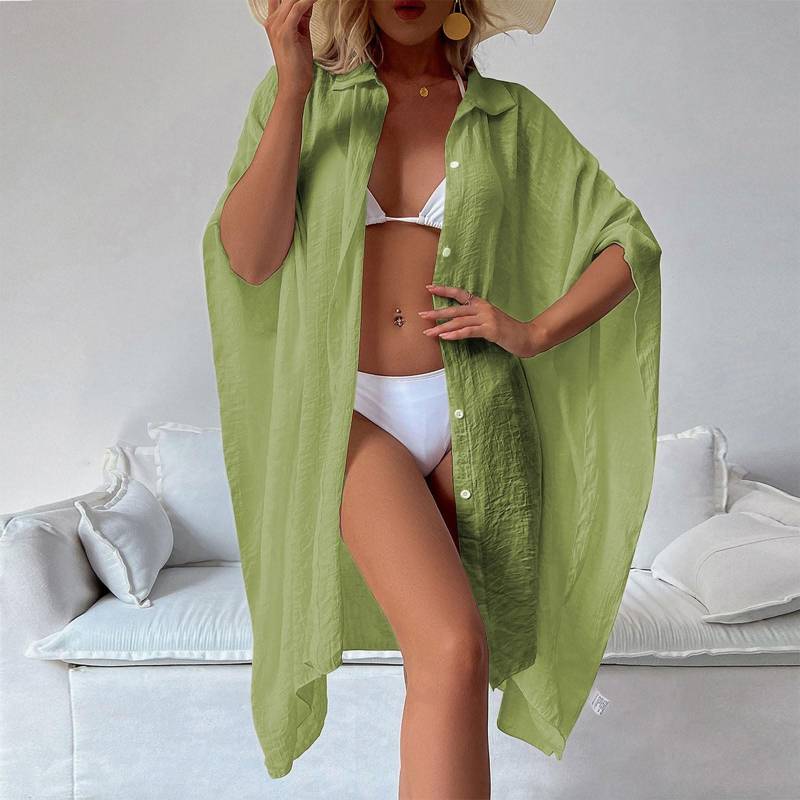 Damen-Cardigan im Baumwoll-Shirt-Stil, lockerer Strand-Cardigan, Urlaubs-Sonnenschutz-Bikini-Cover-Up-Badeanzug-Außen-Cardigan One Size hellgrüne von Joom DACH
