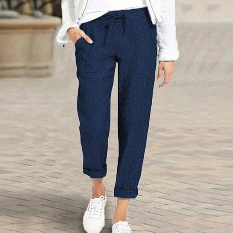 Damen Casual Baumwolle Leinen Hose Damen Frühling Sommer Hohe Taille Elastische Knöchellange Hose Weibliche Feste Taschen Haremshose L navy blau von Joom DACH