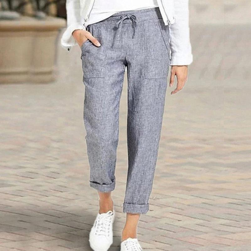 Damen Casual Baumwolle Leinen Hose Damen Frühling Sommer Hohe Taille Elastische Knöchellange Hose Weibliche Feste Taschen Haremshose M grau von Joom DACH
